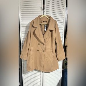 NWT Made in Italy boohoo 18 (2X) double breasted button wool look coat-camel